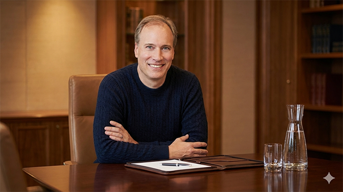 A smiling man sits behind a wooden desk.